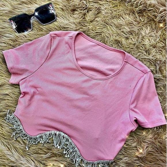 Pink Fringe Rhinestone Crop Top - Picture 3 of 5